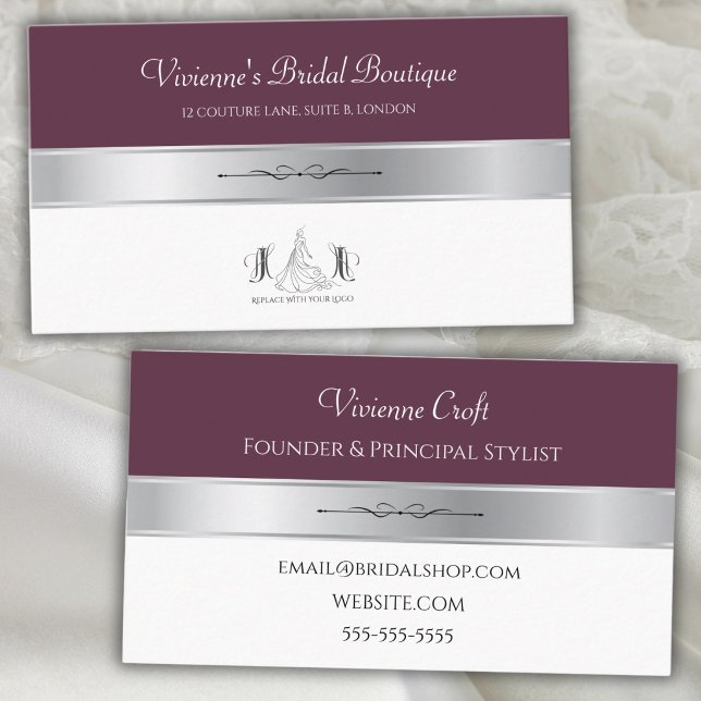 Cartes de visite pour la boutique de mariage Edito (Editorial mulberry and silver business card layout for high-end bridal stylists.)