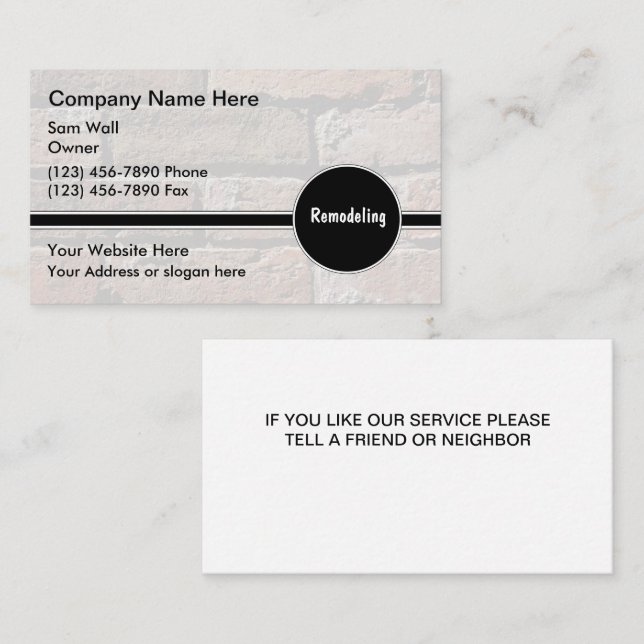 Cartes de visite pour rénovation (Devant / Derrière)