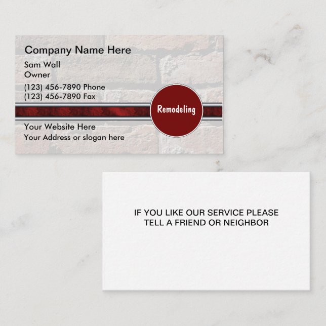 Cartes de visite pour rénovation (Devant / Derrière)