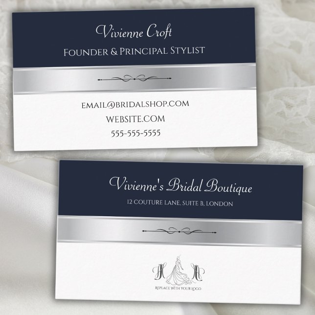 Cartes de visite pour salon de couture nuptiale bl (Couture midnight blue and silver business card front layout for luxury bridal stylists.)