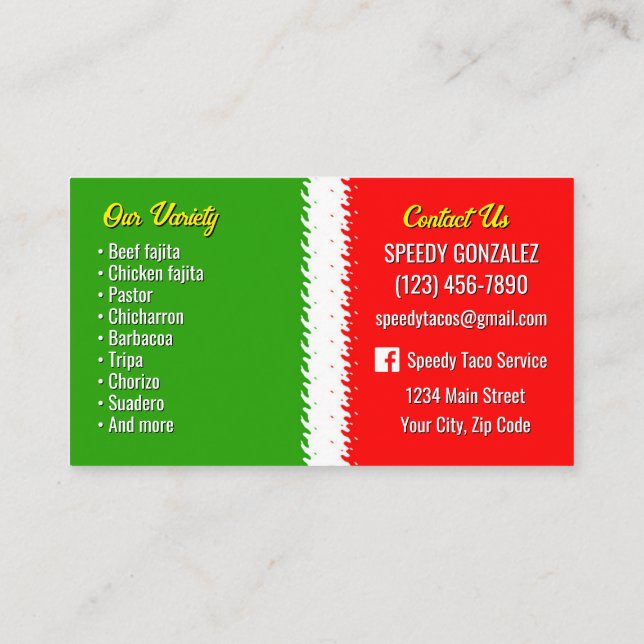 Cartes de visite pour service de traiteur de tacos (Dos)