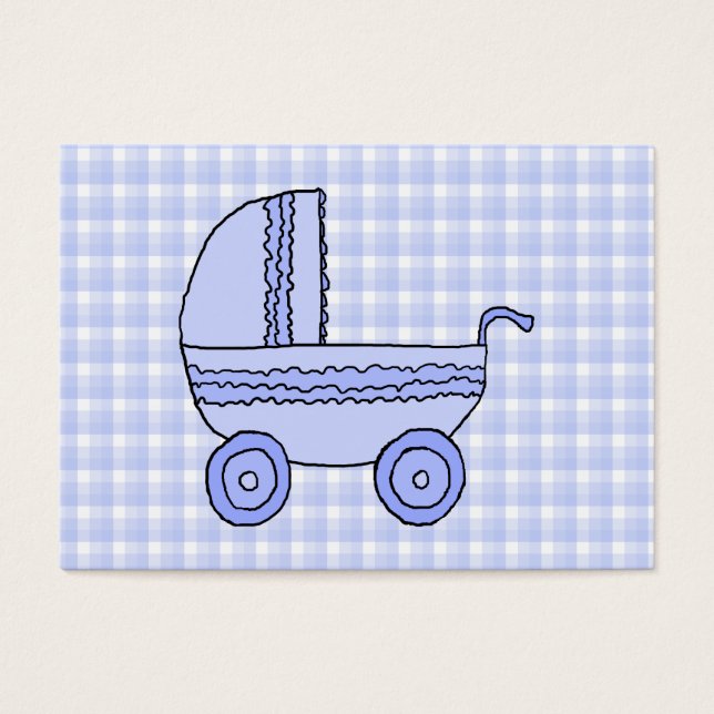 Cartes De Visite Poussette bébé. Bleu clair sur Motif chèque. (Devant)