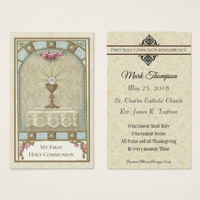 CARTES DE VISITE PREMIÈRE COMMUNION EUCHARISTE SUR ALTAR (Devant & derrière)