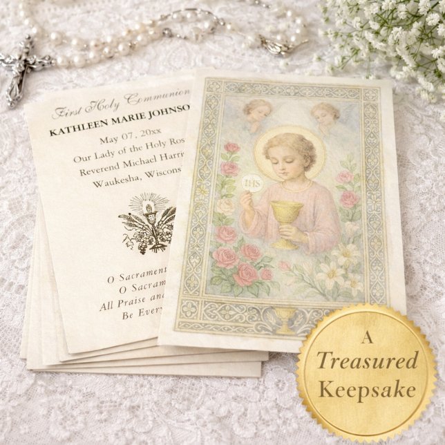 Cartes De Visite Première Communion Jésus Anges Floral (Créateur téléchargé)