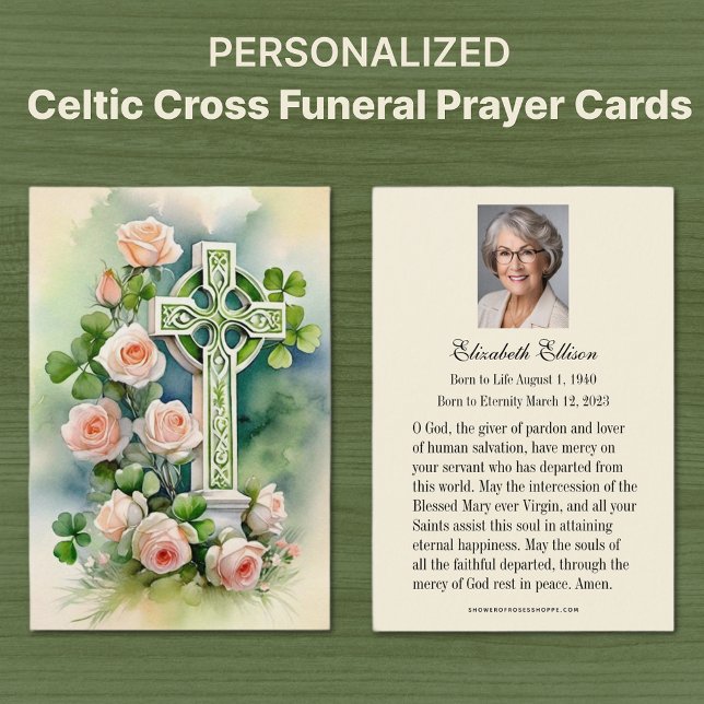 Cartes De Visite Prière commémorative catholique de Croix celtique (Irish Celtic Cross with Peach Roses Catholic Funeral Memorial Prayer Cards)