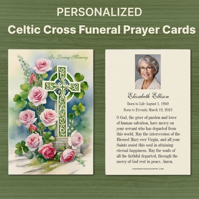Cartes De Visite Prière commémorative catholique de Croix celtique (Irish Catholic Celtic Cross with pink roses funeral memorial prayer cards)