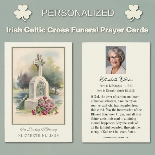 Cartes De Visite Prière commémorative de Croix celtique irlandaise (Traditional Catholic Irish Celtic Cross with Roses Funeral Memorial Prayer Cards)
