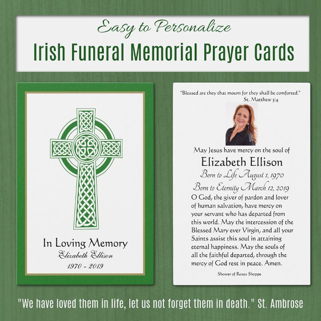 Cartes De Visite Prière commémorative de Croix celtique verte (Irish Traditional Classic Funeral Memorial Prayer Cards )