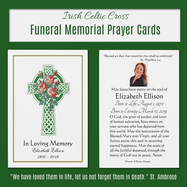 Cartes De Visite Prière commémorative de Croix celtique verte (irish Celtic Cross Memorial Prayer Cards)