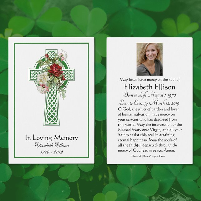 Cartes De Visite Prière commémorative de la Croix celtique verte Ro (Green Celtic Cross Funeral Memorial Prayer Cards with roses)