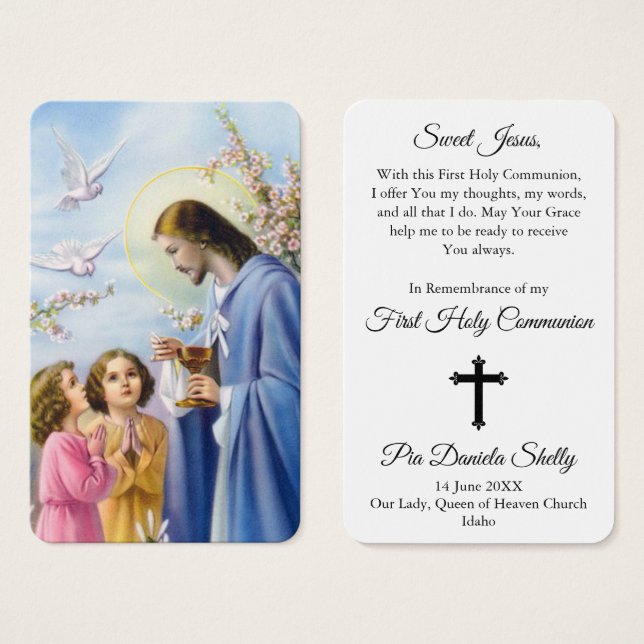 Cartes De Visite Prières de la première communion | Fille communion (Devant & derrière)