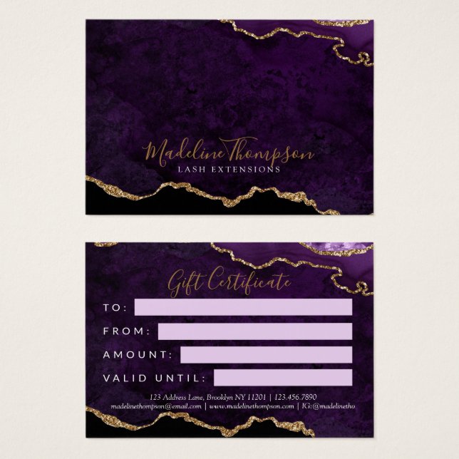 Cartes De Visite Purple Gold Agate Certificat cadeau d'entreprise (Devant & derrière)