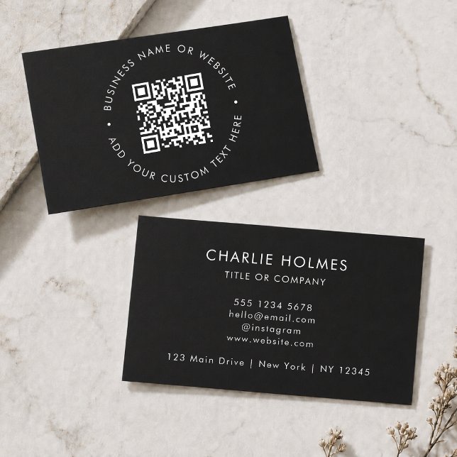 Cartes de visite QR Code | Carte noire élégante pe (Interactive editable QR code business cards to promote your business, products or services.)