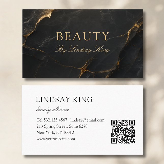 Cartes de visite QR Code en marbre noir pour salon (Elegant Salon Black Marble QR Code Business Cards)