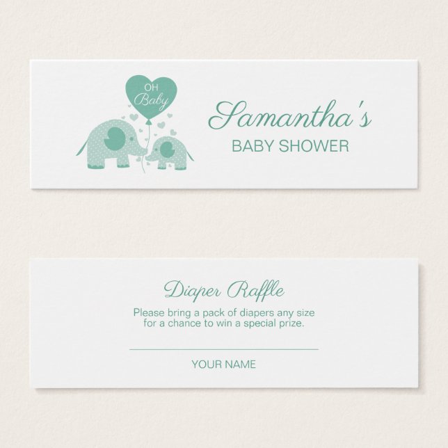Cartes De Visite Raffin Baby shower Eléphant Vert Mint (Devant & derrière)