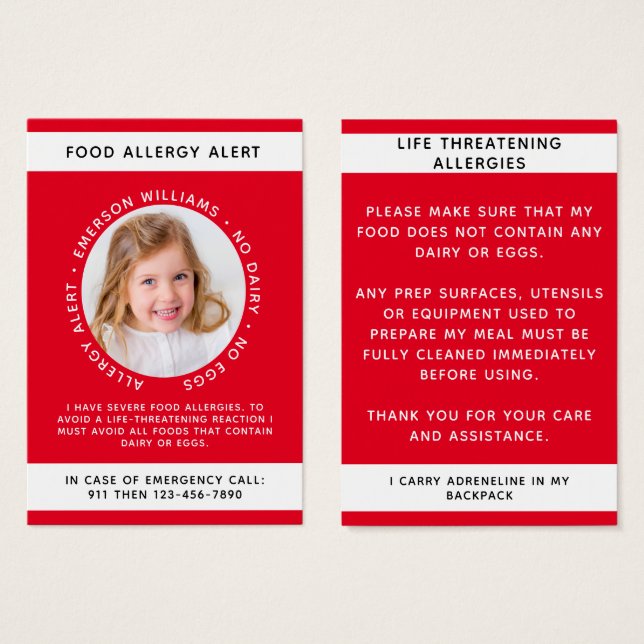 Cartes De Visite Red Food Allergie Alert Photo Chef Card (Devant & derrière)