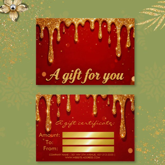 Cartes De Visite Red & Gold Glitter Drip Gift Card (Créateur téléchargé)