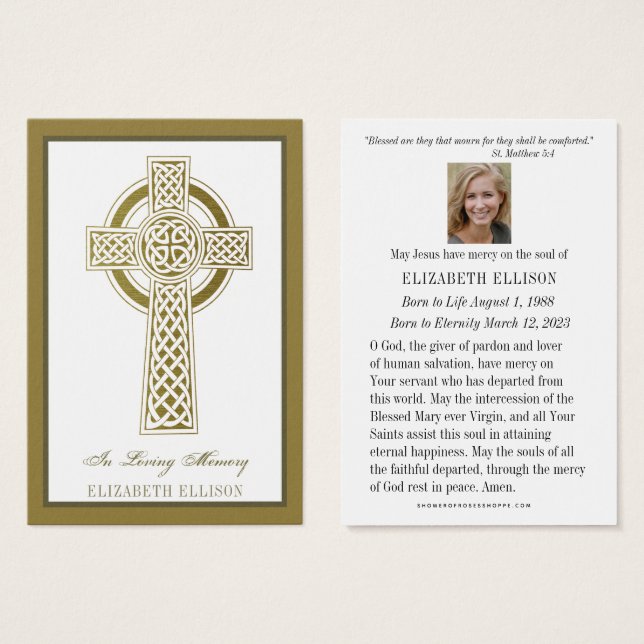 Cartes De Visite Religious Gold Celtic Cross  Funeral Prayer Card (Devant & derrière)