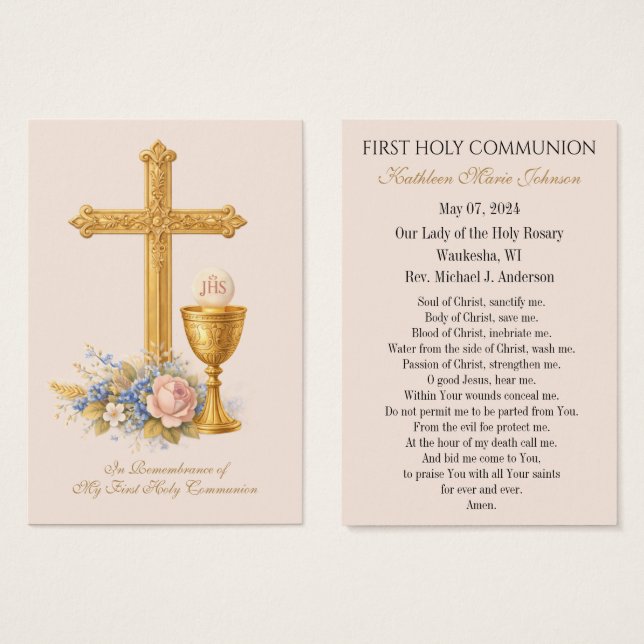 Cartes De Visite Remembrance Prayer Card for First Holy Communion (Devant & derrière)