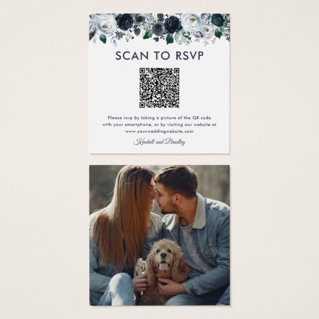 Cartes De Visite Réponse de mariage avec code QR floral bleu poussi (Devant & derrière)