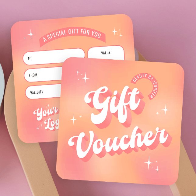 Cartes De Visite Retro Peach Super Nails Beauté Salon Bon cadeau (Embrace the nostalgia with this retro business gift voucher design, featuring groovy 70s design)