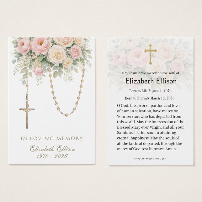 Cartes De Visite Rosaire Rose Fardée Drappé Prière Mémorielle (Devant & derrière)