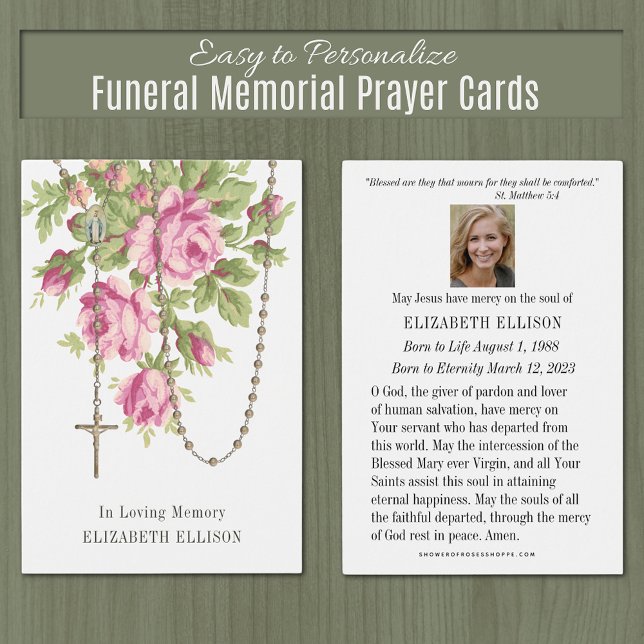 Cartes De Visite Rosary Funeral Memorial Prayer Pink Roses (Catholic Funeral Memorial Prayer Cards - Easy to Personalize)