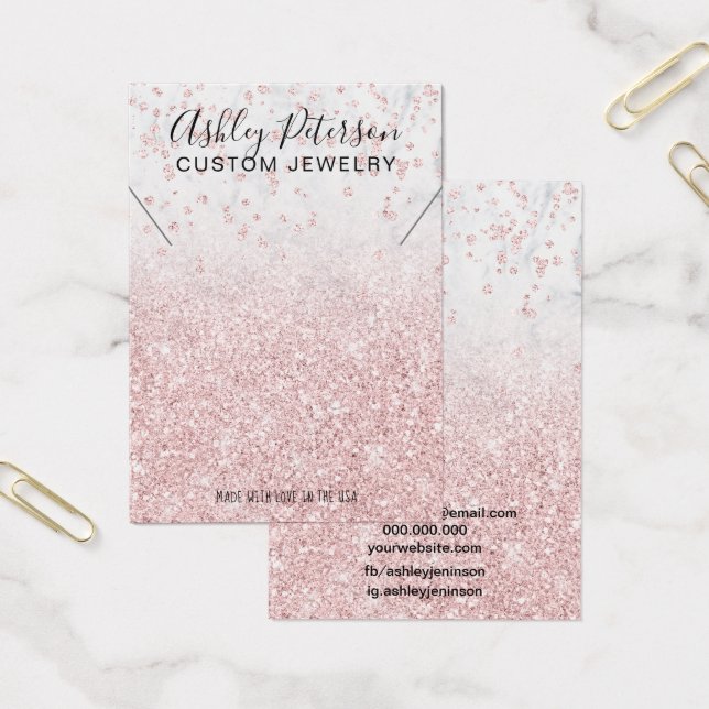 Cartes De Visite rose gold glitter marble chic necklace display (Bureau)