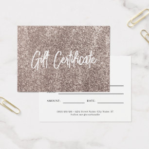 Cartes De Visite Rose Gold Glitter Modern Voucher Certificat cadeau