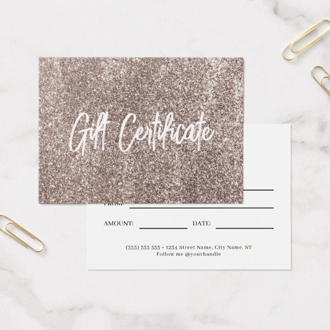 Cartes De Visite Rose Gold Glitter Modern Voucher Certificat cadeau (Bureau)