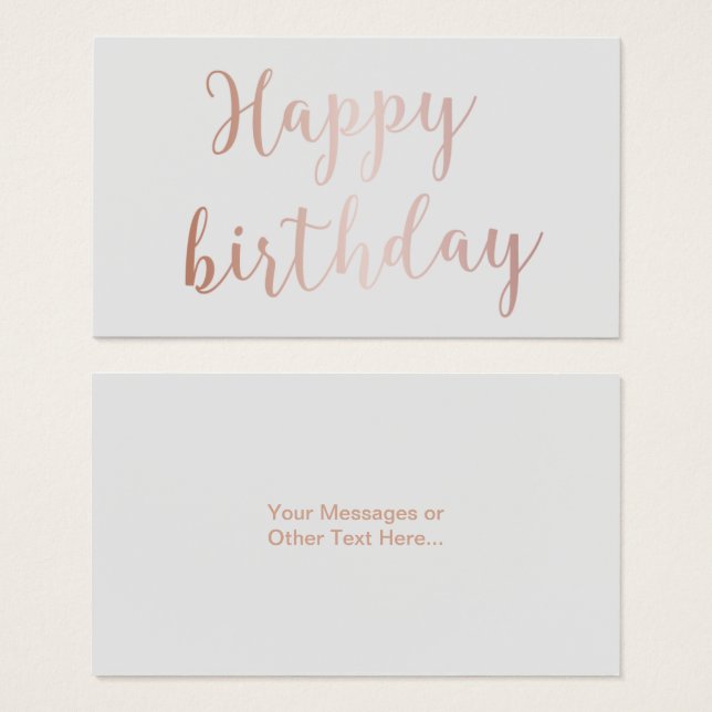 Cartes De Visite Rose Gold Script "Joyeux anniversaire" Classy Grey (Devant & derrière)