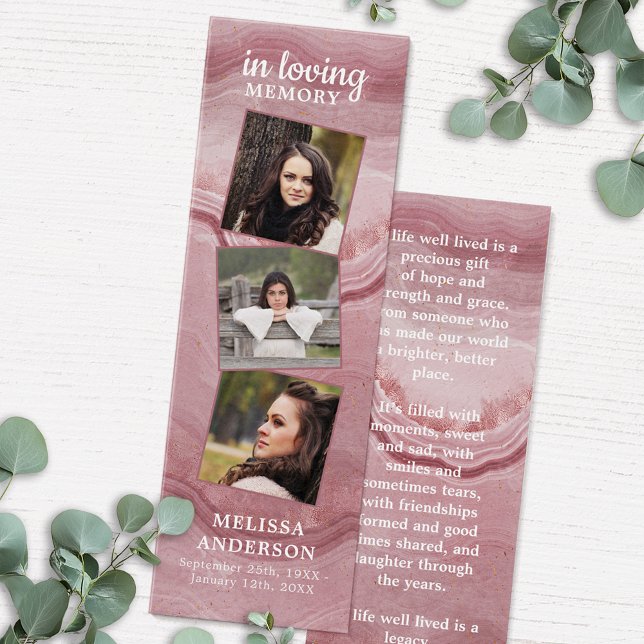 Cartes De Visite Rose Marbre 3 Photo Poème funéraire Signet de priè (Créateur téléchargé)