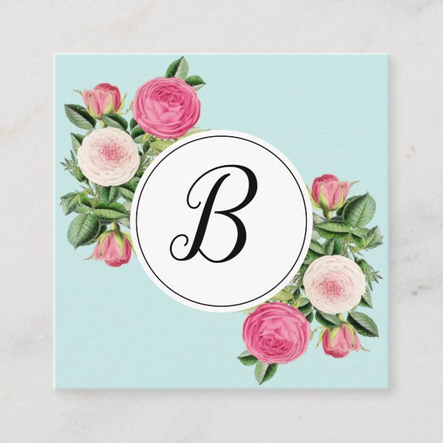 Cartes de visite roses de monogramme bleu floral à (Devant)