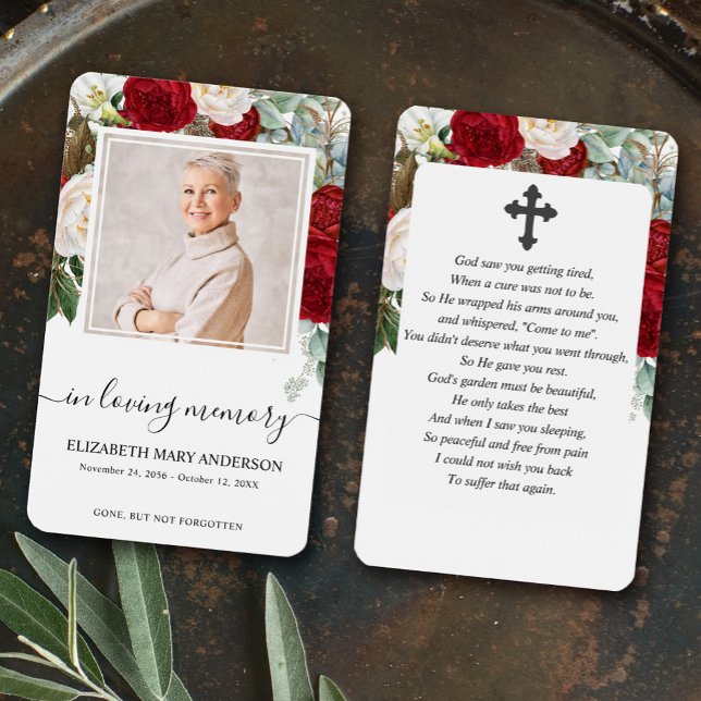 Cartes De Visite Roses rouges Floral Photo Sympathie Prière funérai (Créateur téléchargé)