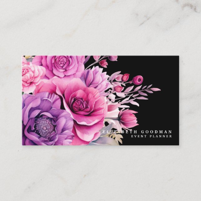 Cartes de visite roses violettes florales noires P (Devant)