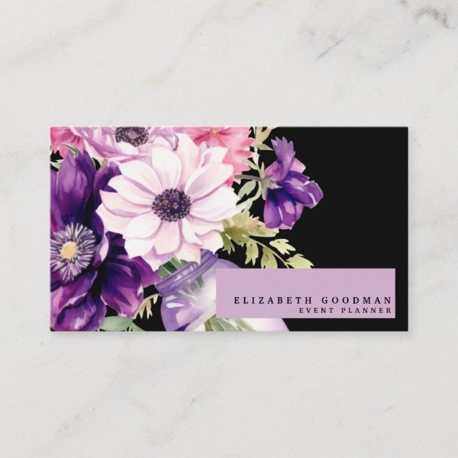 Cartes de visite roses violettes florales noires P (Devant)