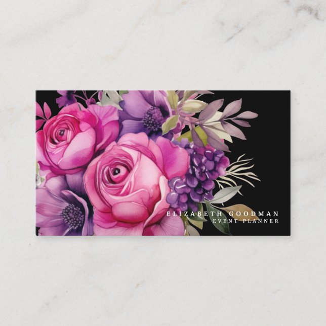 Cartes de visite roses violettes florales noires P (Devant)