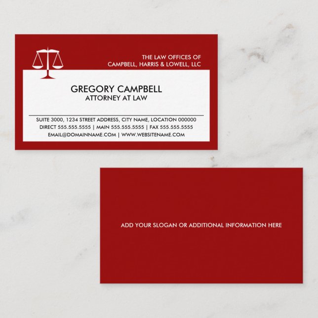 Cartes de visite rouges pour avocat (Devant / Derrière)