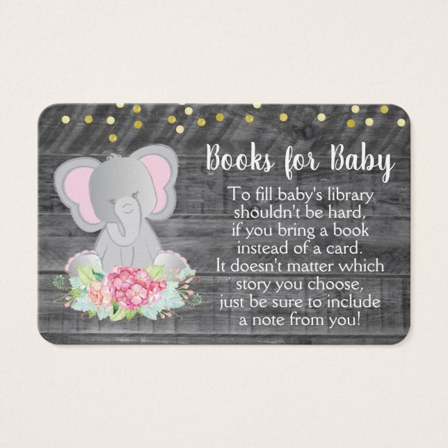 Cartes De Visite Rustic Elephant Baby Girl Shower Apportez un livre (Devant)