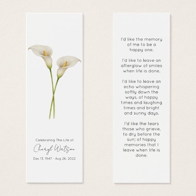 Cartes De Visite Signet commémoratif simple lys calla funéraire (Devant & derrière)