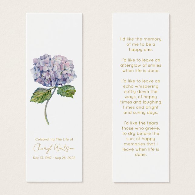 Cartes De Visite Signet funéraire simple hydrangea (Devant & derrière)