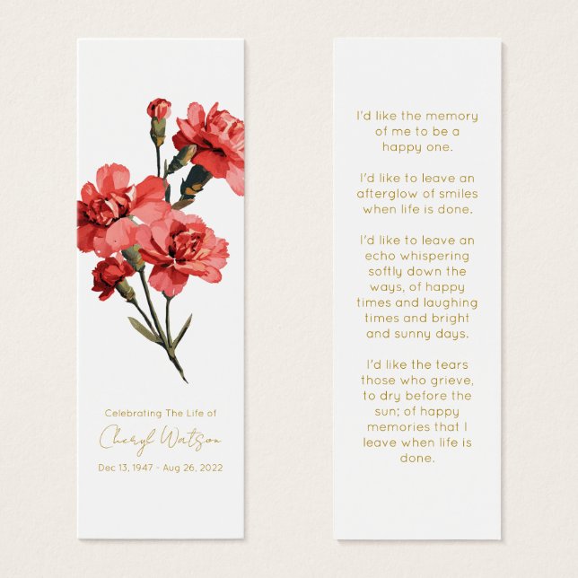 Cartes De Visite Simple Carnation Funeral Memorial Bookmark (Devant & derrière)