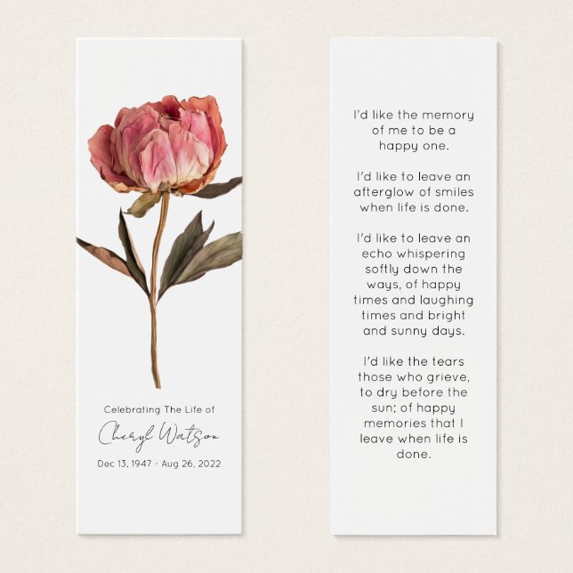 Cartes De Visite Simple Peony Funeral Memorial Bookmark (Devant & derrière)