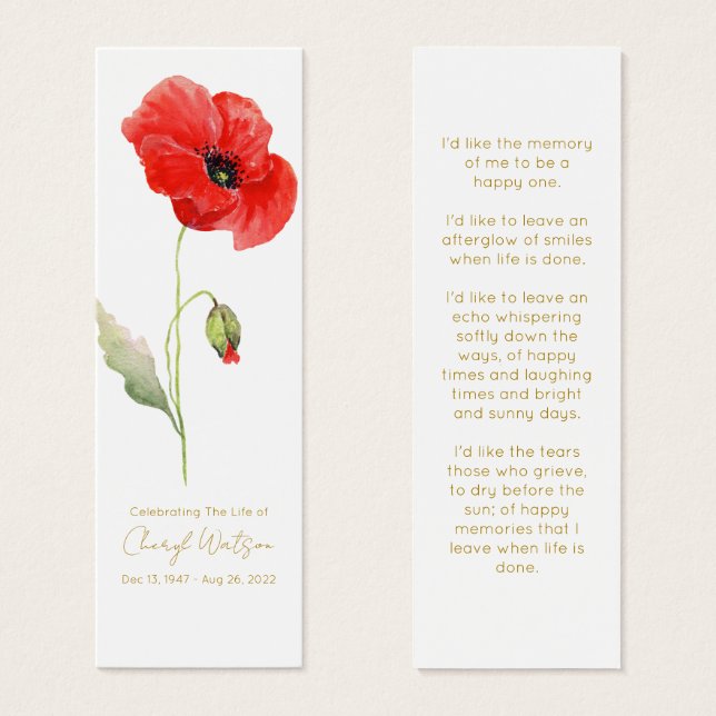 Cartes De Visite Simple Poppy Funeral Memorial Bookmark (Devant & derrière)