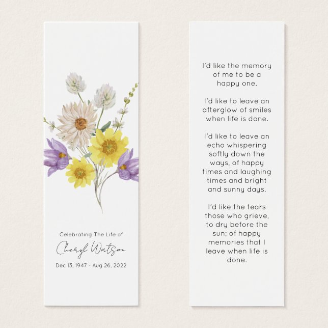 Cartes De Visite Simple Wildflower Funeral Memorial Bookmark (Devant & derrière)