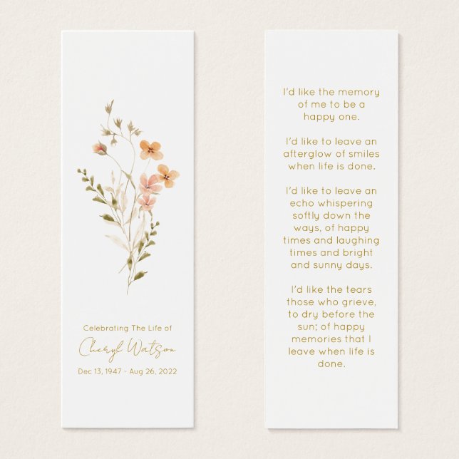 Cartes De Visite Simple Wildflower Funeral Memorial Bookmark (Devant & derrière)