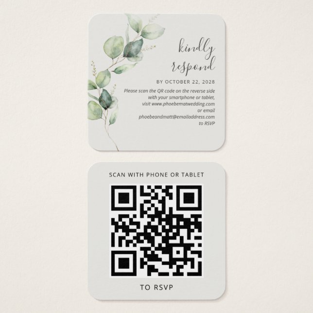 Cartes De Visite Site Mariage Eucalyptus Green Code QR RSVP (Devant & derrière)