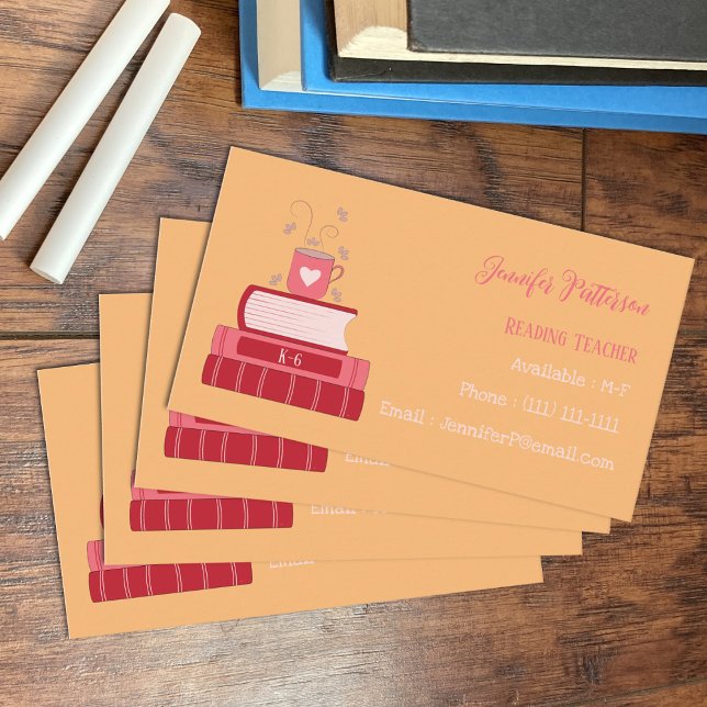 Cartes de visite standard Orange Professeur Livres (Red books and cup reading teacher orange standard business card .)