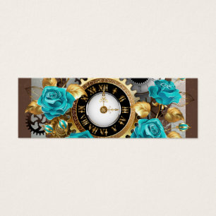 Cartes De Visite Steampunk Clock and Turquoise Roses on Striped
