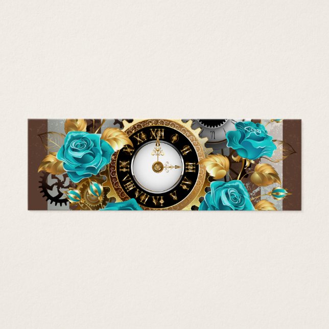 Cartes De Visite Steampunk Clock and Turquoise Roses on Striped (Devant)